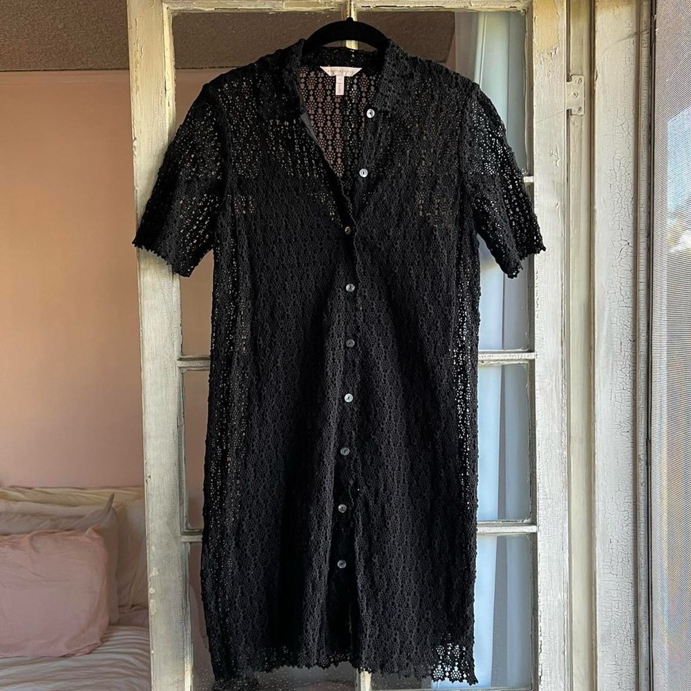Rebecca Taylor Black Cotton Embroidered Lace Short Sleeve Collared Shirt Dress